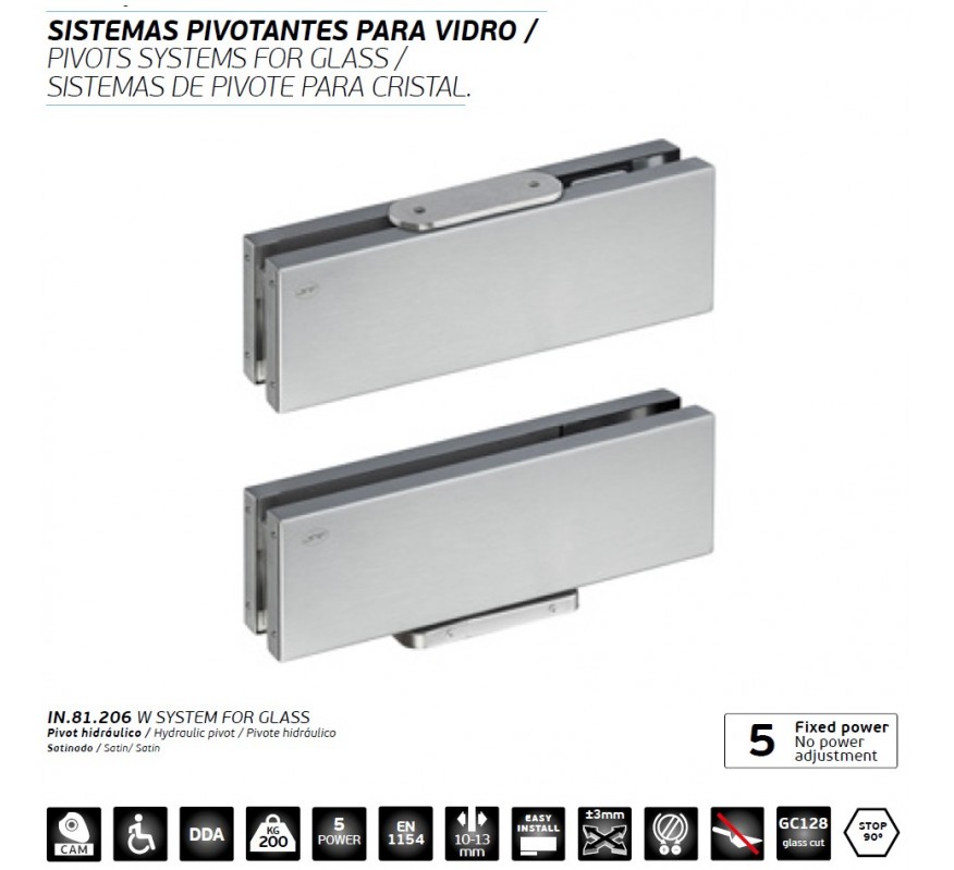 JUEGO PIVOTE JNF HIDRAULICO PARA PUERTA CRISTAL IN.81.206 INOX