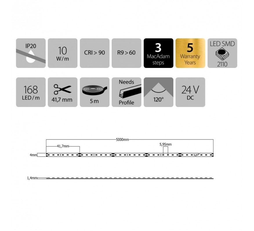 5M LED IP20 10W/M  24V IRC90 4000K MI10-40