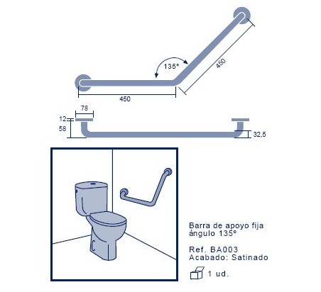 BARRA DE  APOYO FIJA 135º BA003 450X450 INOX SATINADO