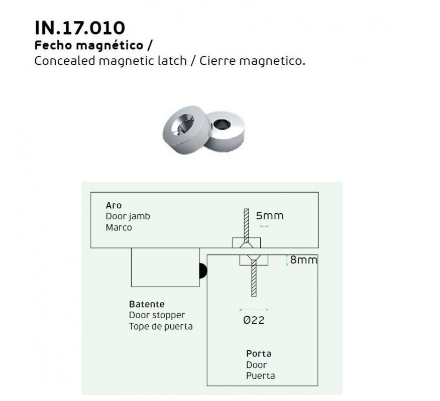 JUEGO CIERRE MAGNETICO NEODIMIO Ø22 CON AGUJA IN.17.010