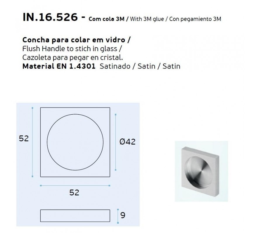 TIRADOR UÑERO CUADRADA PARA PEGAR EN EL CRISTAL - 52 X 52MM IN.16.526